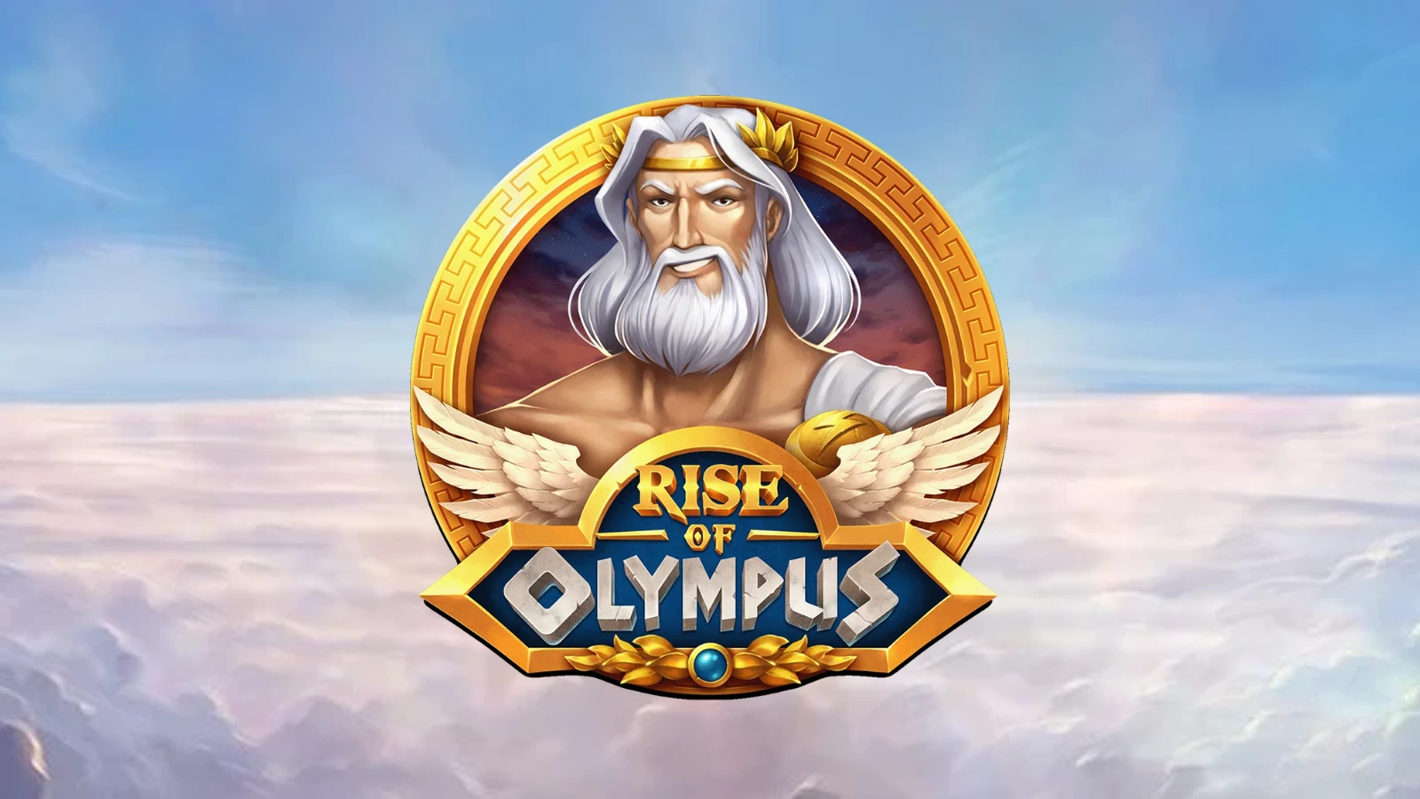 Logo of the Rise of Olympus slot game featuring a golden emblem with wings and text, styled with a Greek mythology theme.