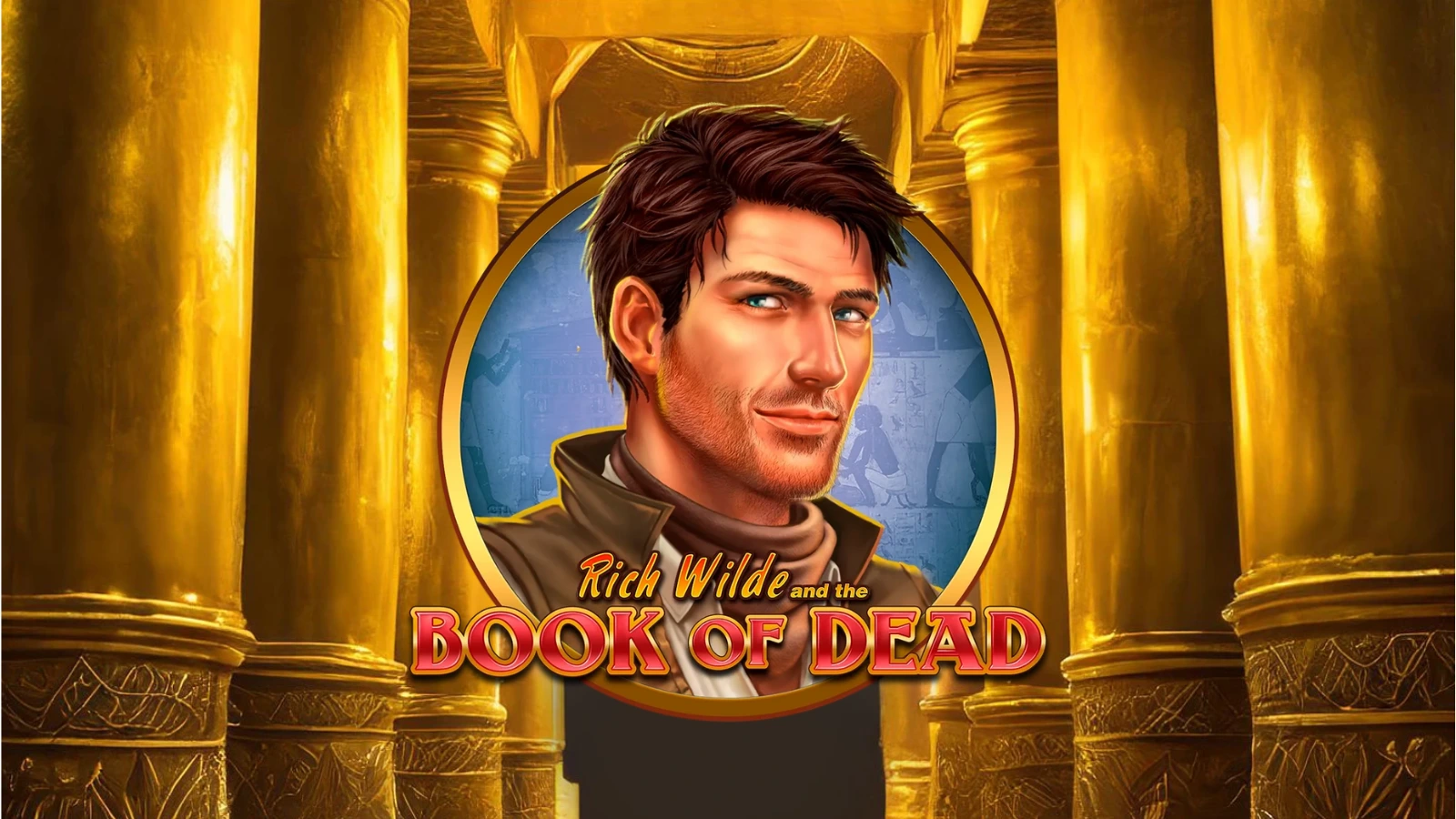 Logo of Rich Wilde and the Book of Dead slot game, featuring a golden book adorned with a scarab beetle design, surrounded by Egyptian-themed elements.
