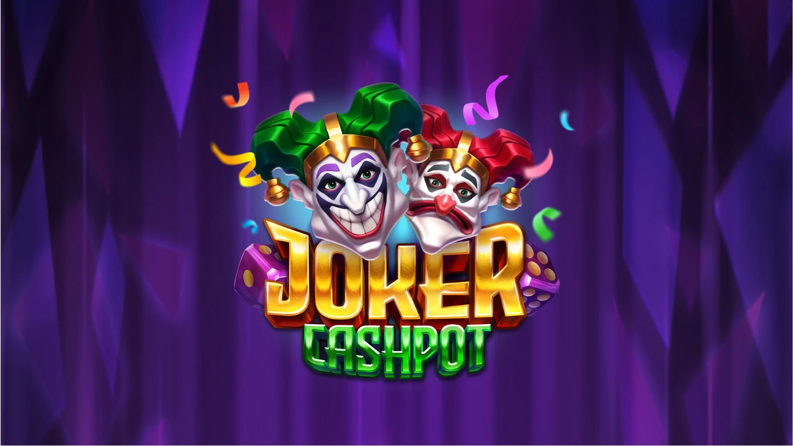 Logo of the Joker Cashpot slot game with two colorful jesters wearing green and red hats, surrounded by confetti and vibrant typography.