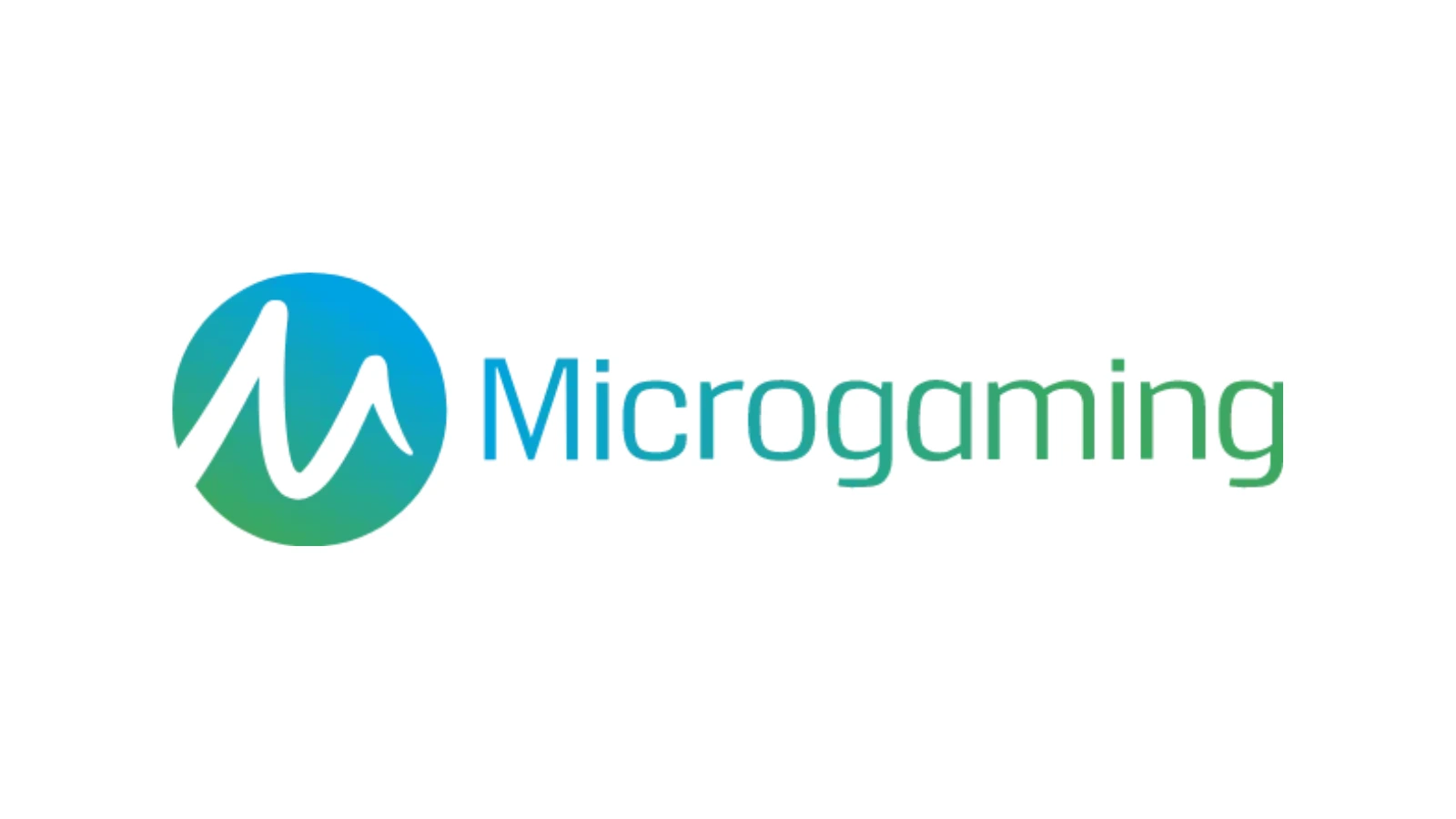 Logo of Microgaming featuring a stylized "M" within a green and blue gradient circle, with text in a matching gradient below.