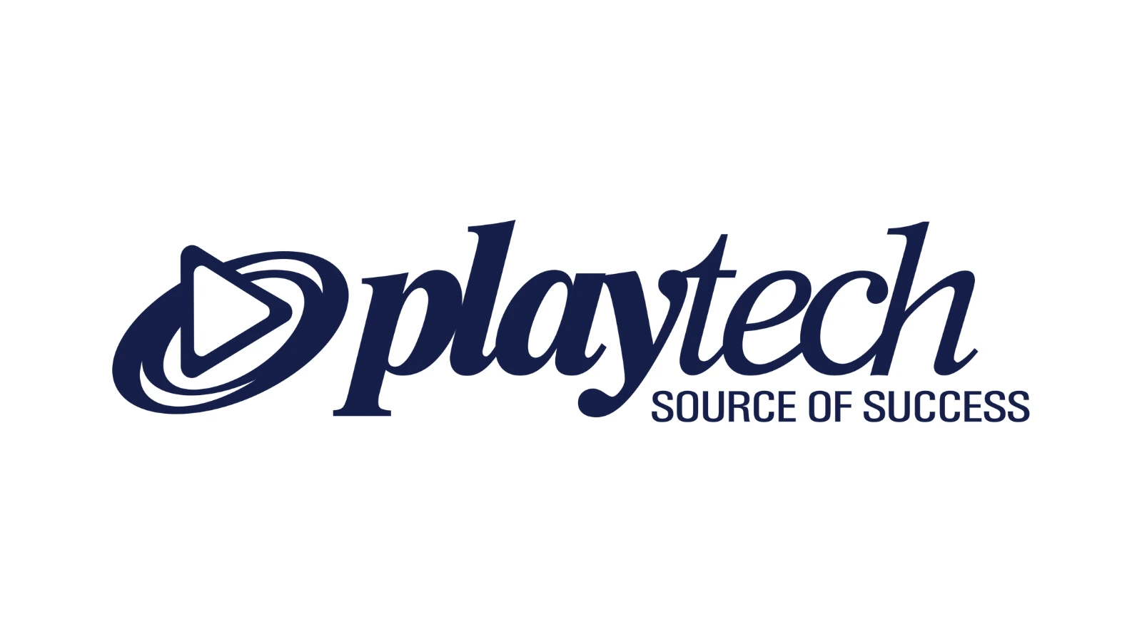 Logo of Playtech featuring sleek deep blue text with a triangular play symbol and the tagline "Source of Success."