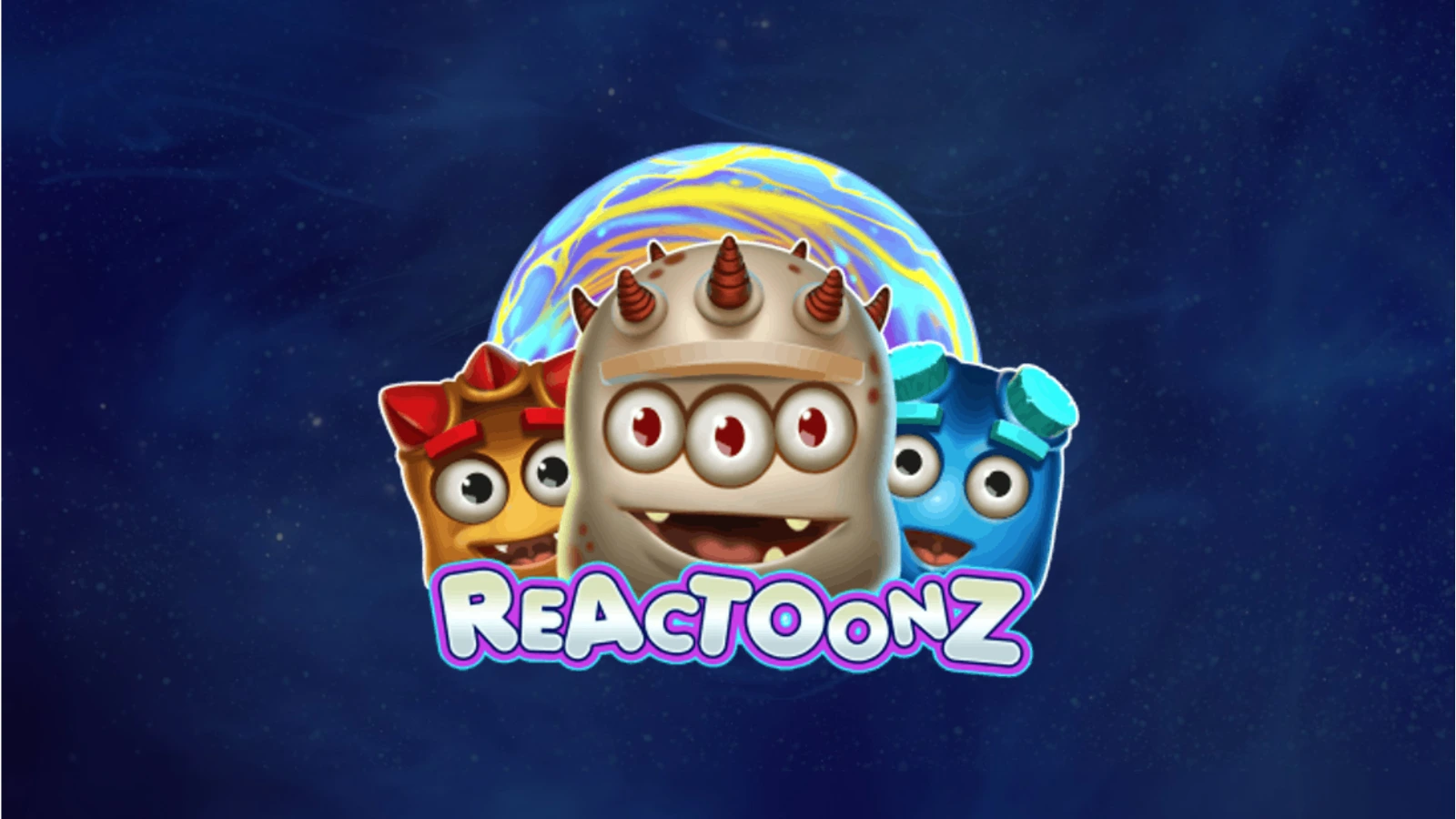 Logo of the Reactoonz slot game featuring colorful, cartoonish alien characters with multiple eyes and horns, set against a glowing, vortex-like background.