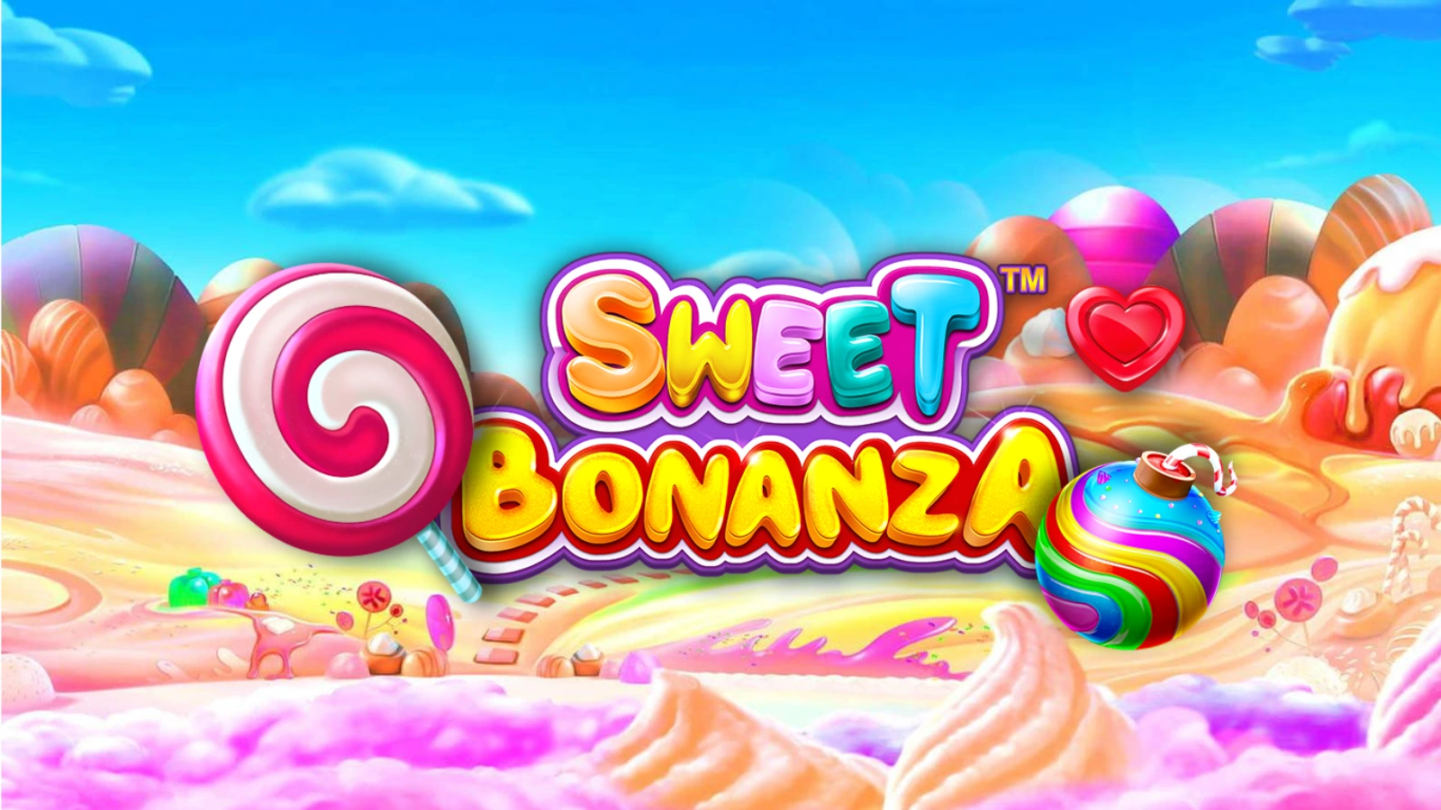 Logo of the Sweet Bonanza slot game with colorful, candy-themed text in bright shades of pink, blue, orange, and yellow.