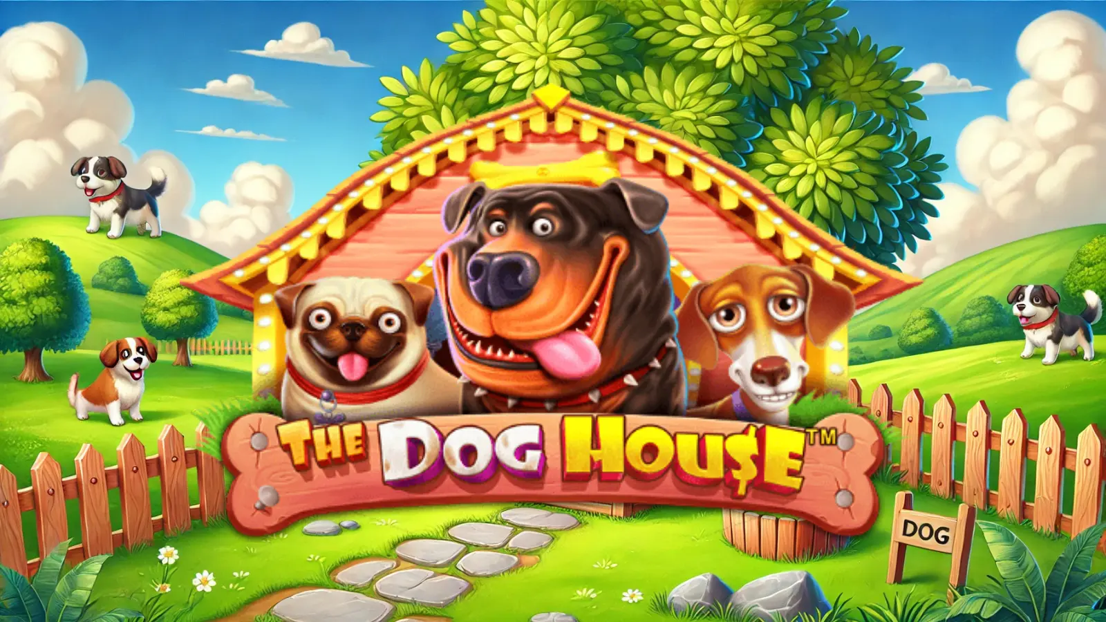 Logo of The Dog House slot game showing three cartoon dogs inside a wooden kennel with playful expressions, surrounded by bright, cheerful colors.